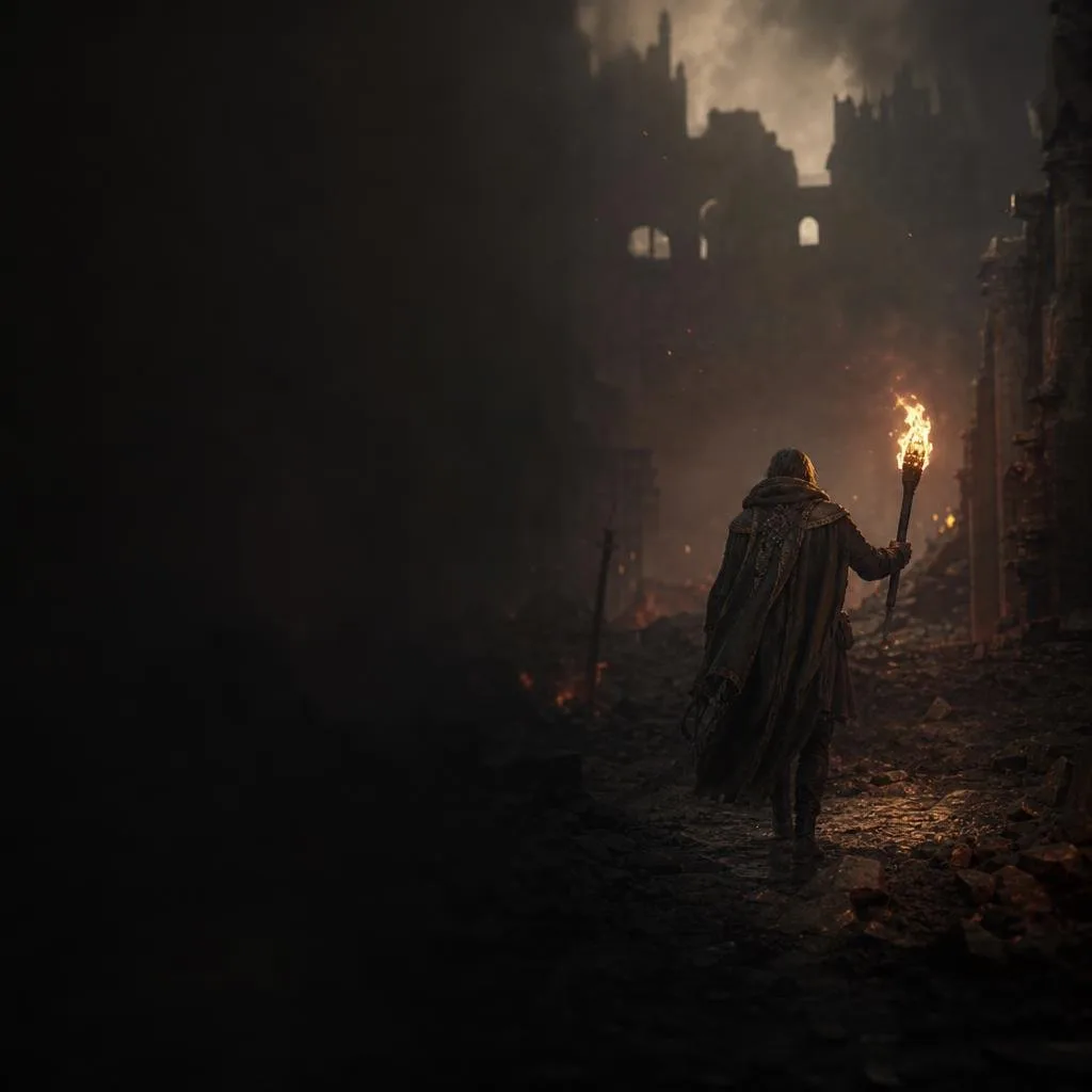 A torchbearer walking through the ember-lit ruins of a fallen capital