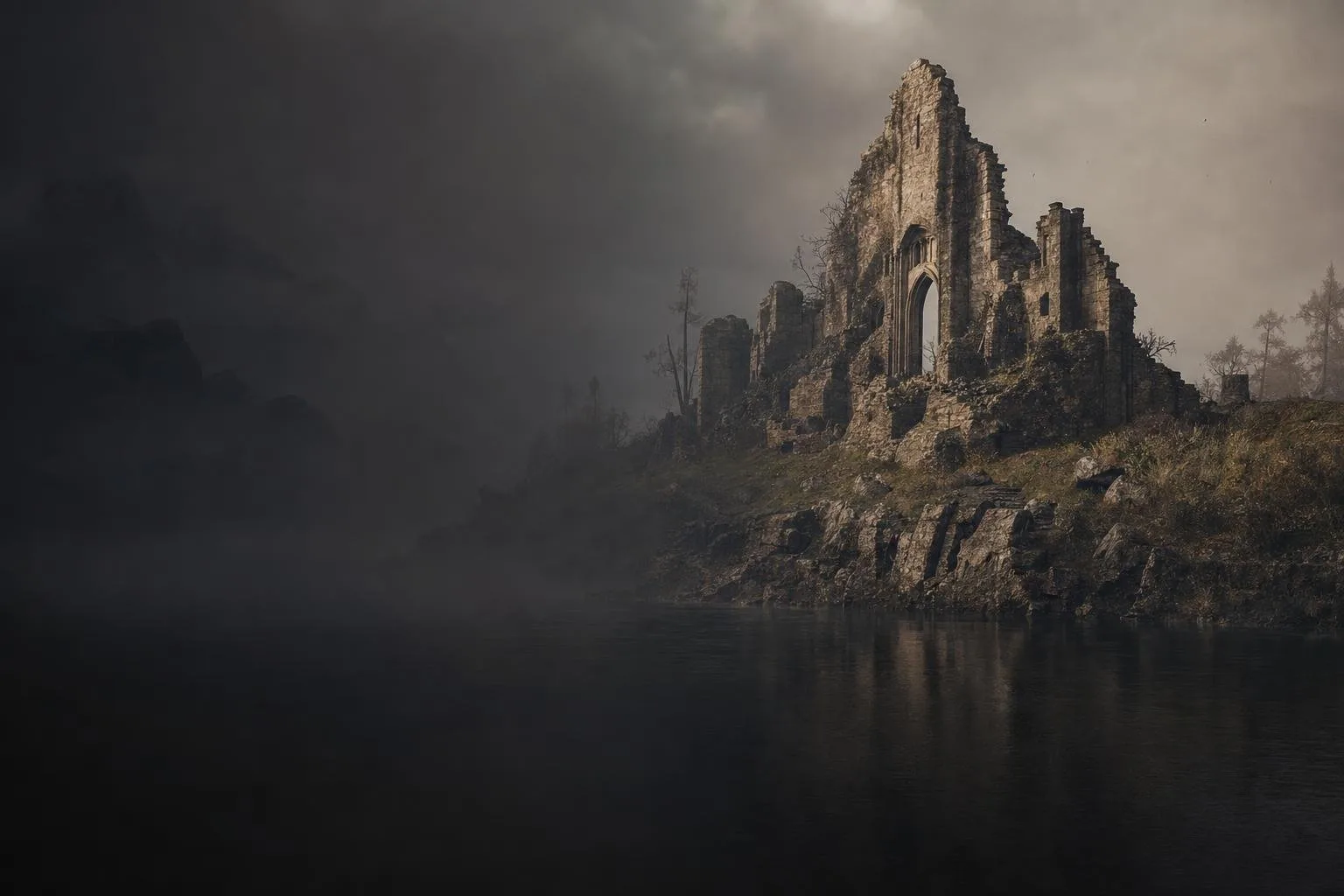 Lone warrior overlooking a ruined kingdom at dusk